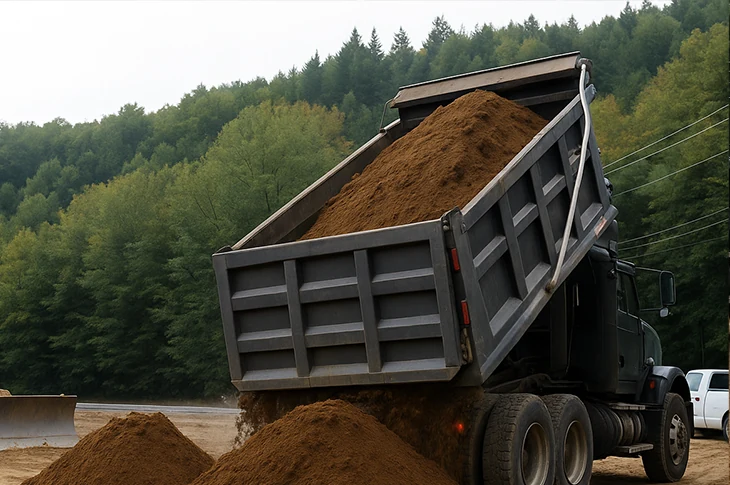 Dump truck unloading soil at a project site