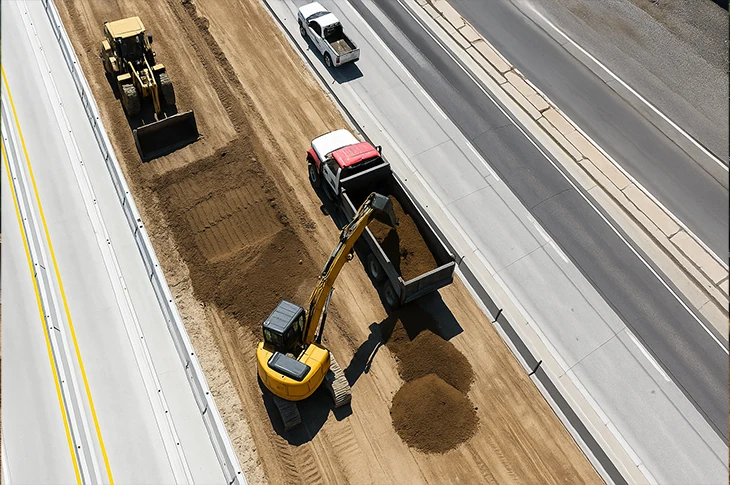 Hauling and earthwork alongside a highway