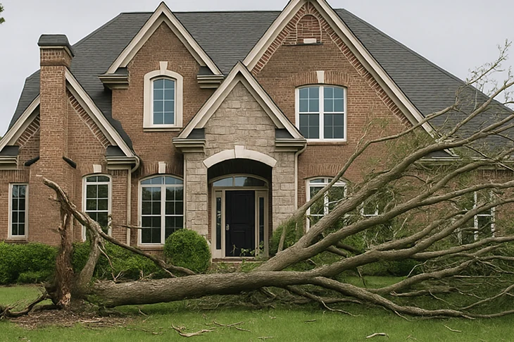 Storm-fallen tree beside a house